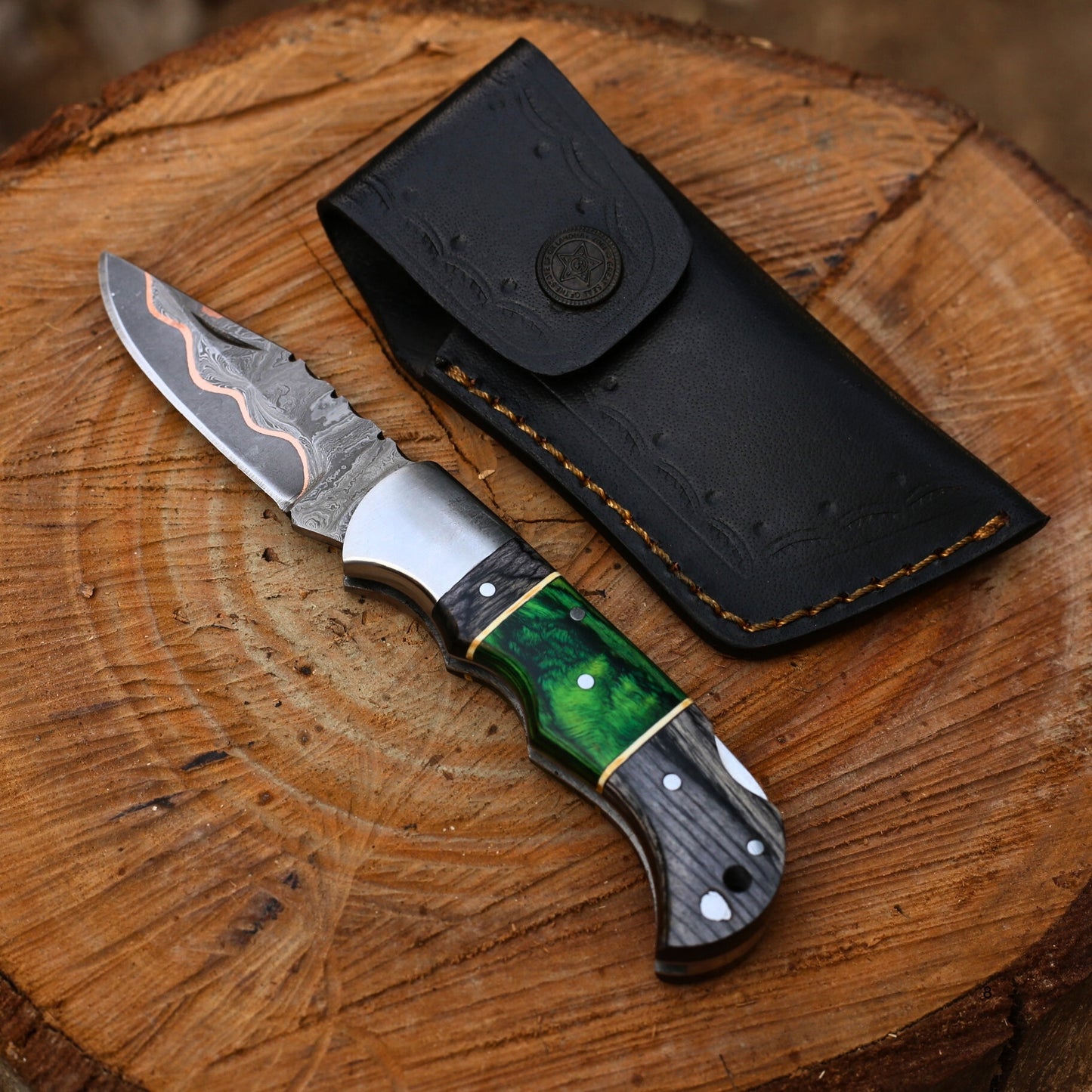 Damascus & Copper Folding Pocket Knife | Pakkawood Handle with Leather Cover