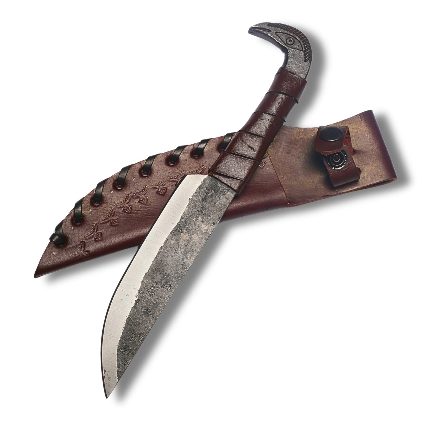Hand-Forged Raven Head Hunting Knife OAL10 inch– High-Carbon Steel with Leather Wrap and Cover