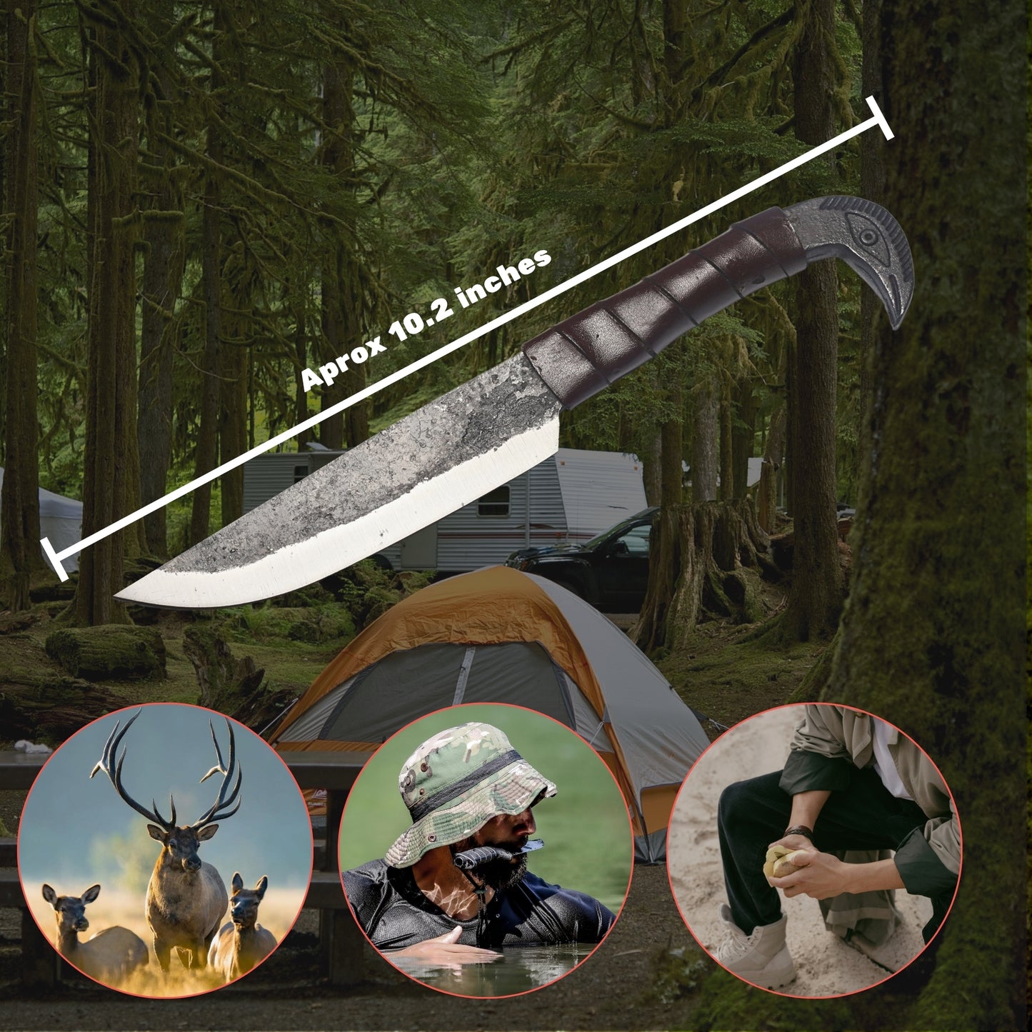 Hand-Forged Raven Head Hunting Knife OAL10 inch– High-Carbon Steel with Leather Wrap and Cover