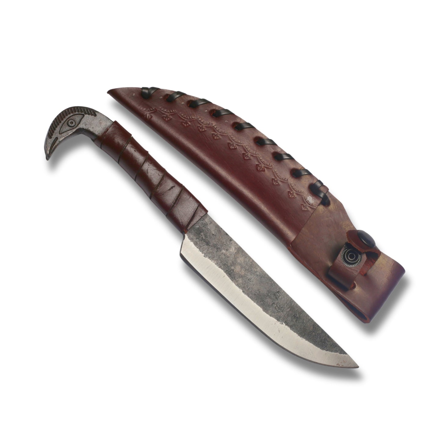Hand-Forged Raven Head Hunting Knife OAL10 inch– High-Carbon Steel with Leather Wrap and Cover