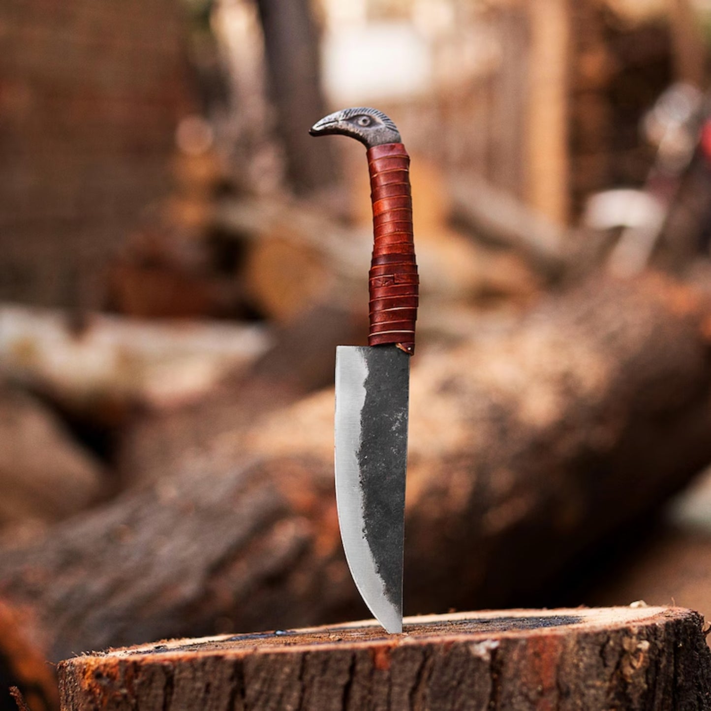 Hand-Forged Raven Head Hunting Knife OAL10 inch– High-Carbon Steel with Leather Wrap and Cover