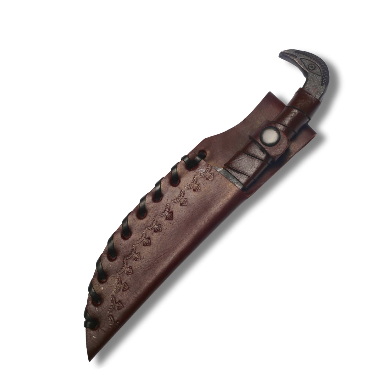 Hand-Forged Raven Head Hunting Knife OAL10 inch– High-Carbon Steel with Leather Wrap and Cover