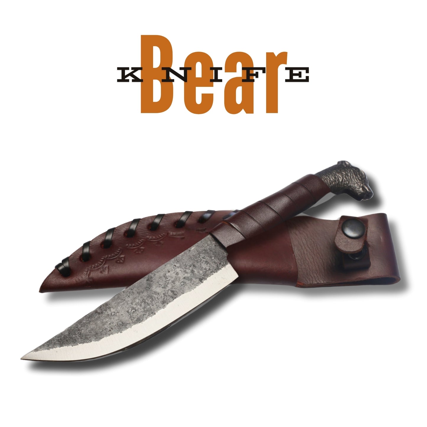 Hand-Forged Bear Head Hunting Knife OAL 10inch– High-Carbon Steel with Leather Wrap and Cover