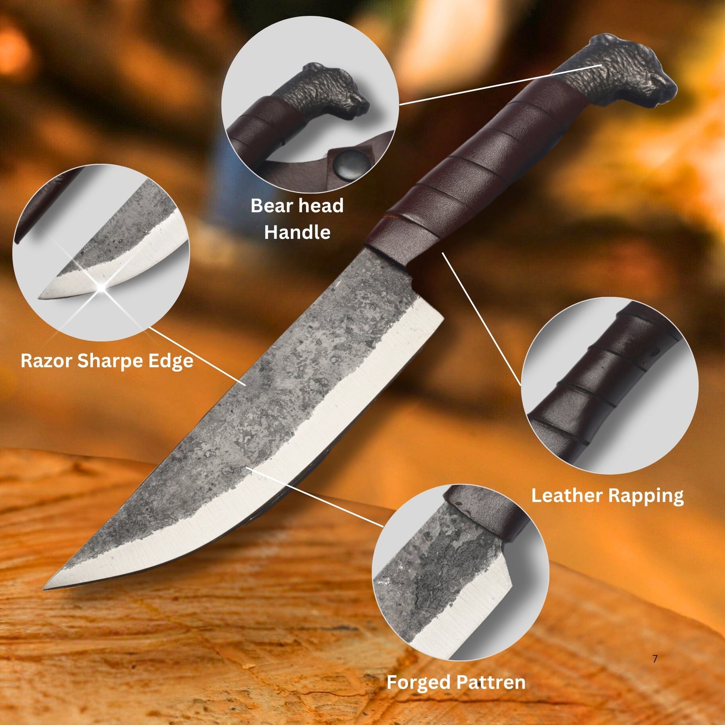 Hand-Forged Bear Head Hunting Knife OAL 10inch– High-Carbon Steel with Leather Wrap and Cover