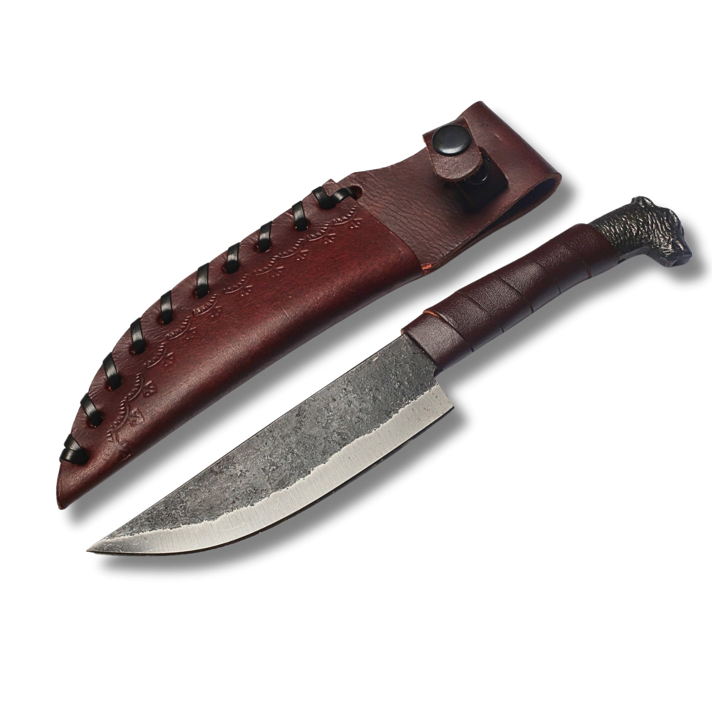 Hand-Forged Bear Head Hunting Knife OAL 10inch– High-Carbon Steel with Leather Wrap and Cover