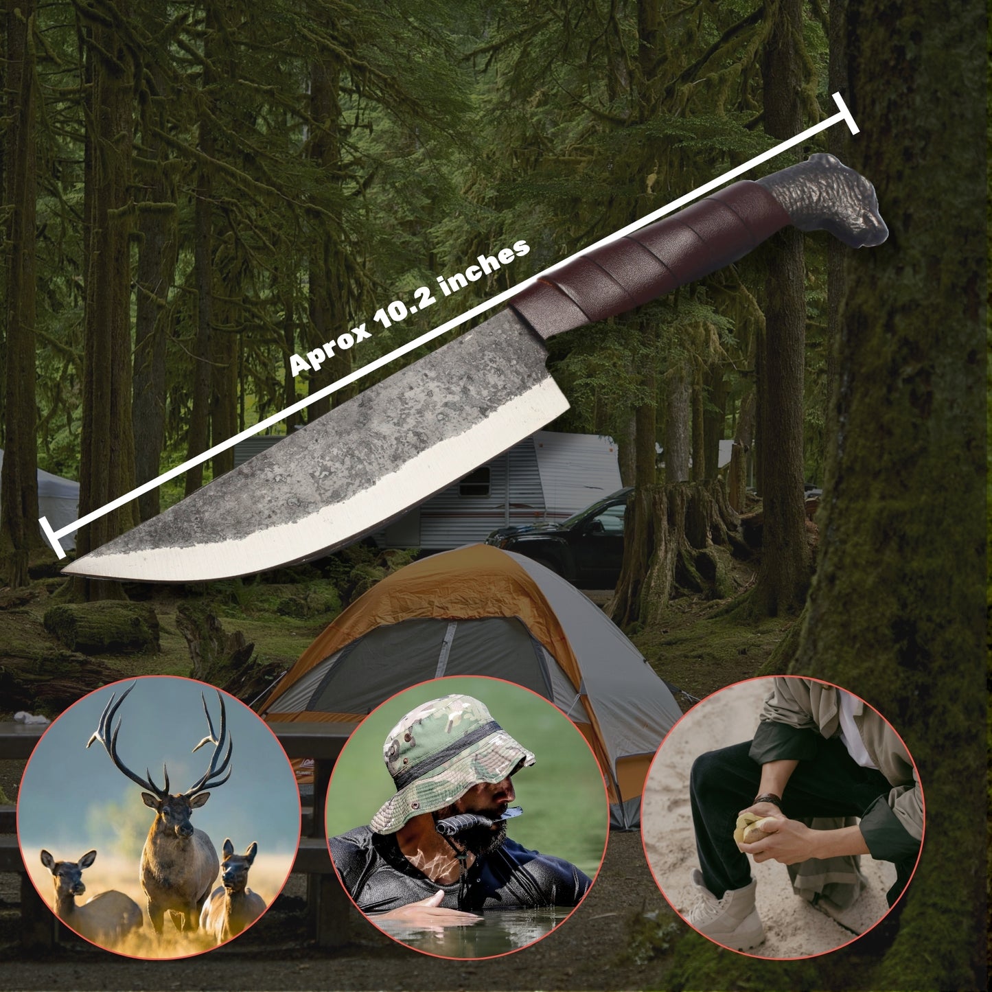 Hand-Forged Bear Head Hunting Knife OAL 10inch– High-Carbon Steel with Leather Wrap and Cover