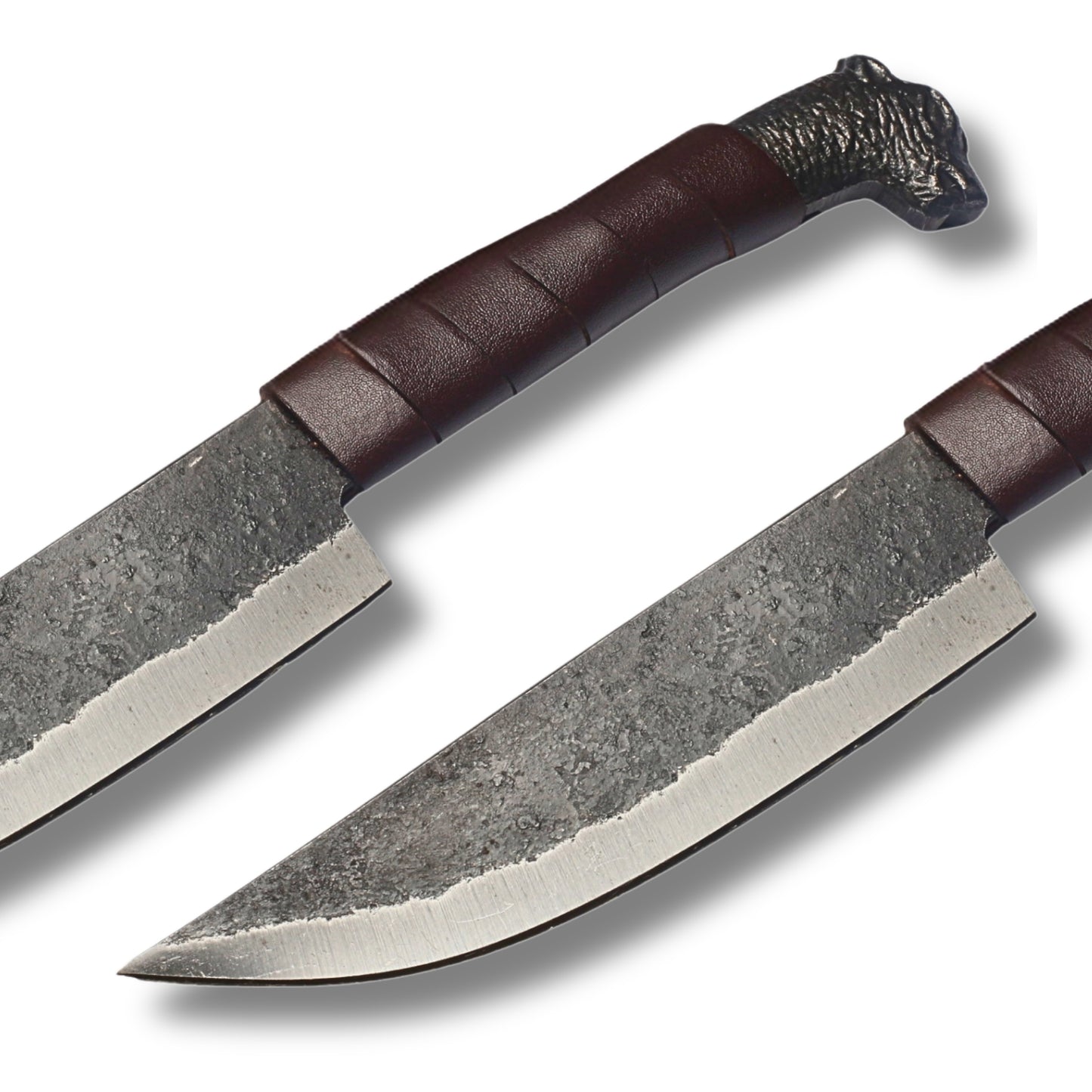 Hand-Forged Bear Head Hunting Knife OAL 10inch– High-Carbon Steel with Leather Wrap and Cover