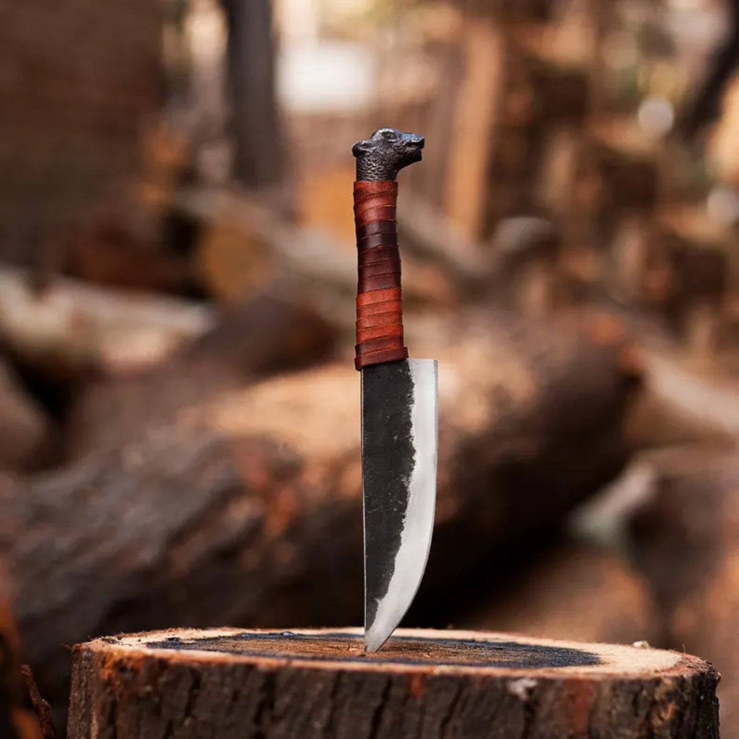 Hand-Forged Bear Head Hunting Knife OAL 10inch– High-Carbon Steel with Leather Wrap and Cover