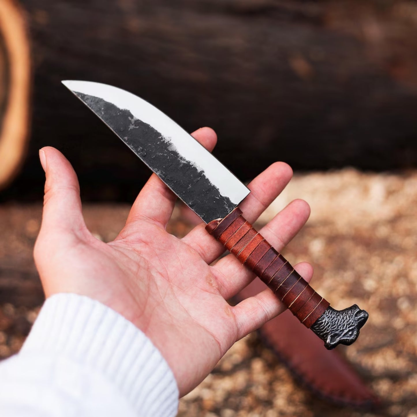 Hand-Forged Bear Head Hunting Knife OAL 10inch– High-Carbon Steel with Leather Wrap and Cover