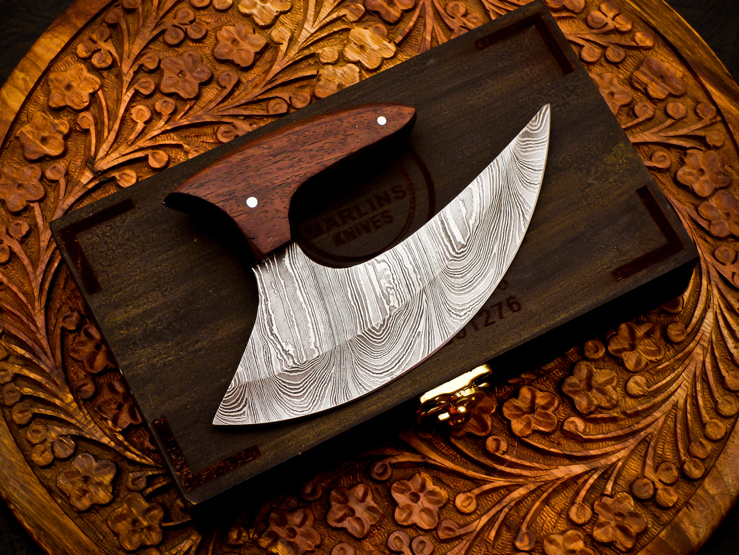 Handcrafted Damascus Steel Pizza Cutter – Wood Handle With Leather Cover  | Razor Sharp | 5.8" Blade (Total length 10.3 inches )