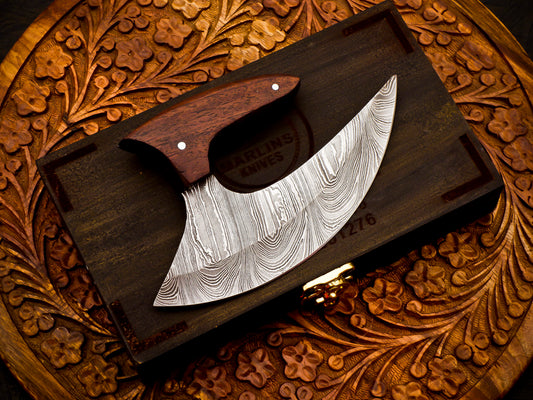 Handcrafted Damascus Steel Pizza Cutter – Wood Handle With Leather Cover  | Razor Sharp | 5.8" Blade (Total length 10.3 inches )