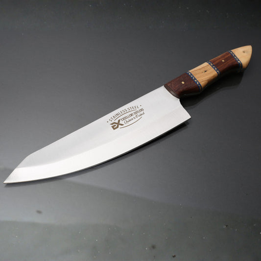 "The dual-wood Artisan"8-Inch Blade, 1095 Premium Steel Chef & Butcher Knife with Rosewood, Olivewood & Blue Acrylic Handle