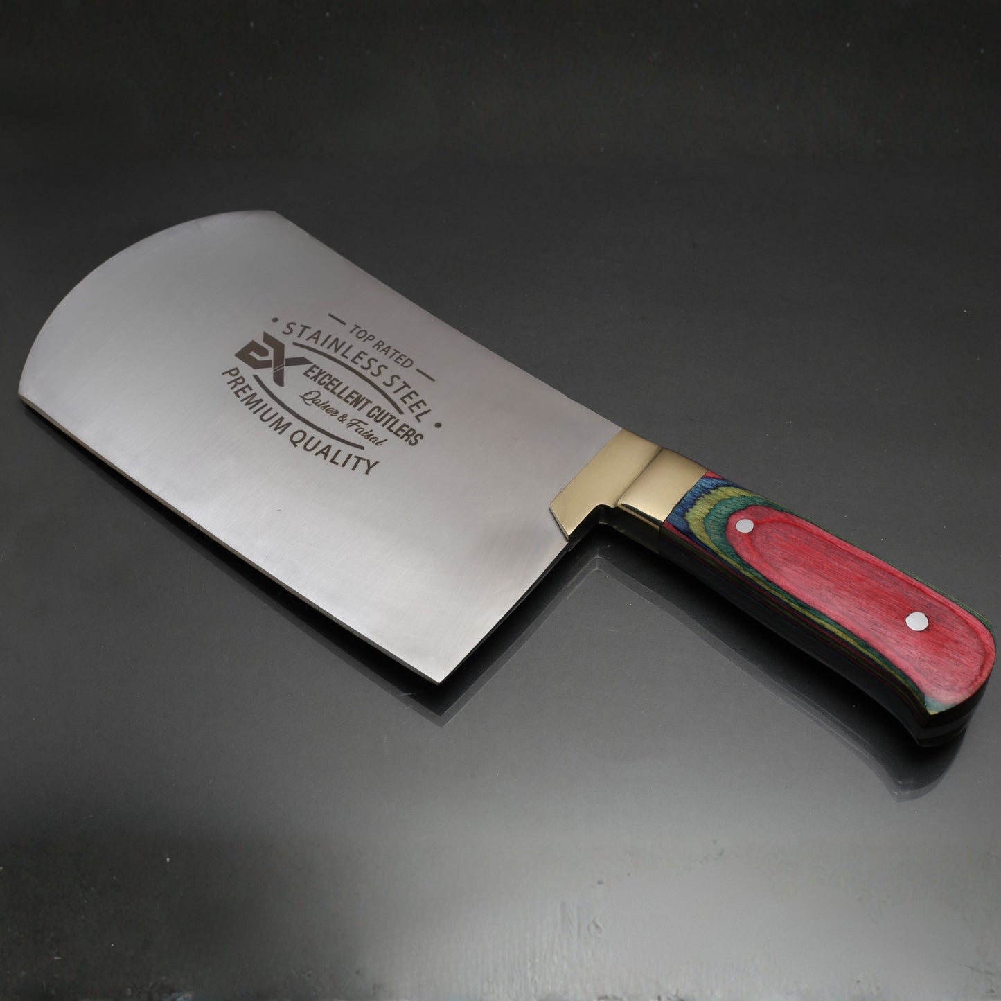 EXCELLENT CUTLERS 1kg Heavy-Duty Stainless Steel Bullnose Cleaver – Professional Mutton & Bone Chopper with Multi-Color Handle & Solid Brass Bolster