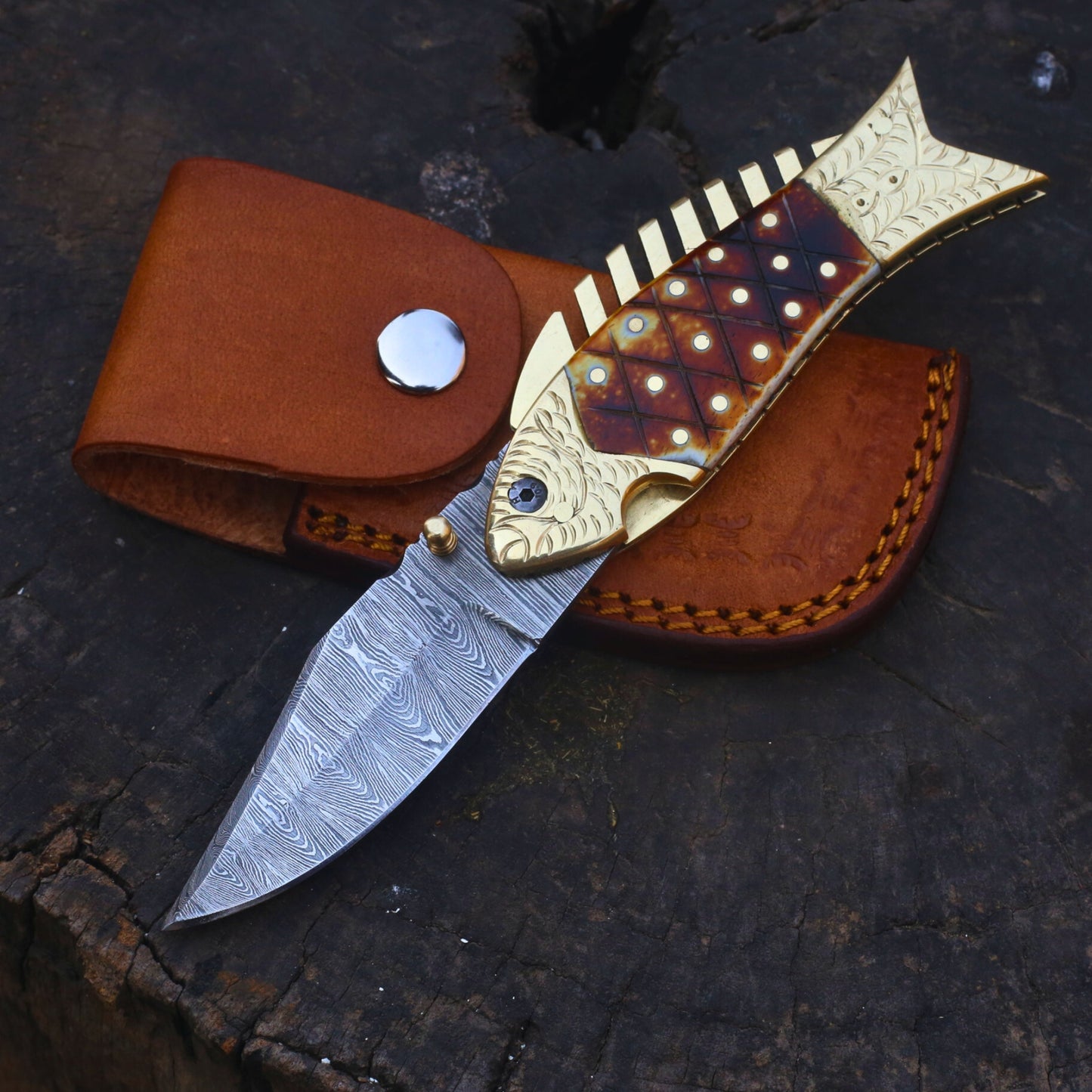 Fish Handle Folding Knife – Damascus Steel Blade with Bone & Brass Handle (Total length 8.2 inches )