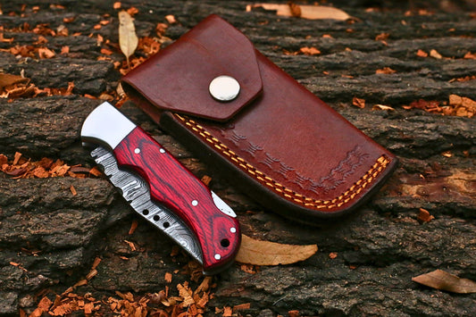 Premium Hand-Forged Damascus Steel Folding Knife With Leather Cover – Colour Pakkawood & Silver Bolster