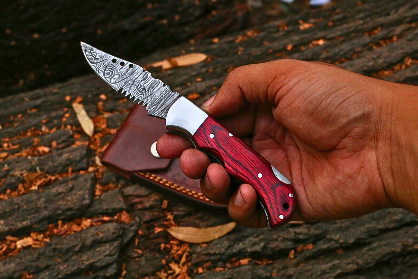 Premium Hand-Forged Damascus Steel Folding Knife With Leather Cover – Colour Pakkawood & Silver Bolster
