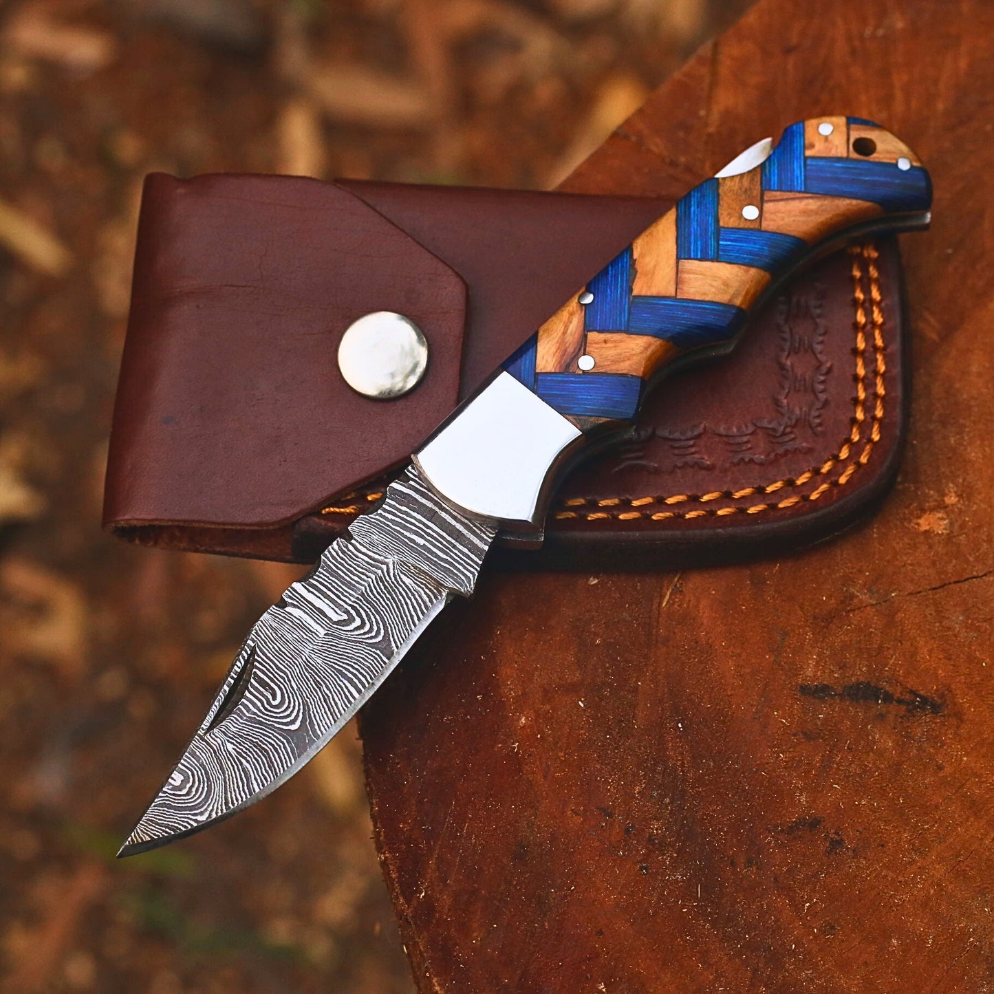 Handmade Damascus Steel Folding Hunting Knife | 3" Blade Olivewood & Pakkawood Pocket Knife with Leather Cover