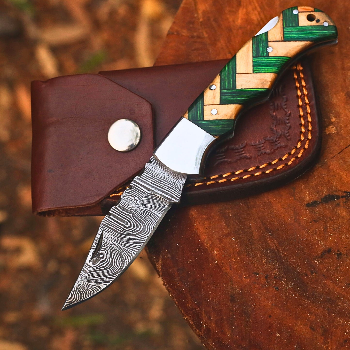 Handmade Damascus Steel Folding Hunting Knife | 3" Blade Olivewood & Pakkawood Pocket Knife with Leather Cover