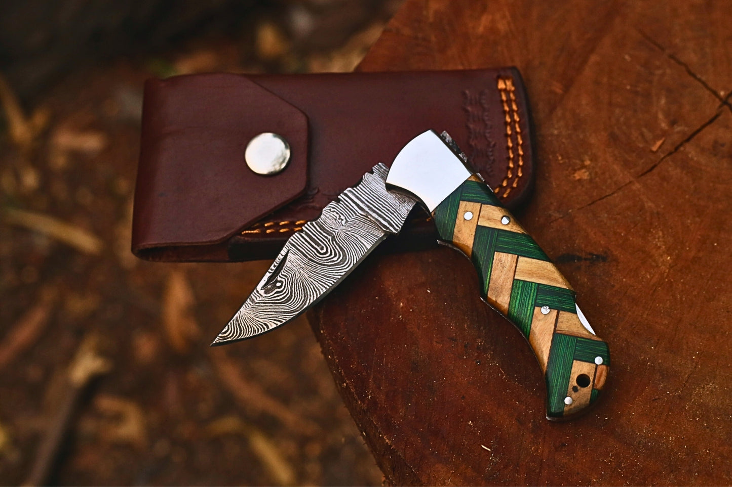 Premium Damascus Steel Folding Hunting Knife With Leather Cover– Rosewood & Pakkawood Handle