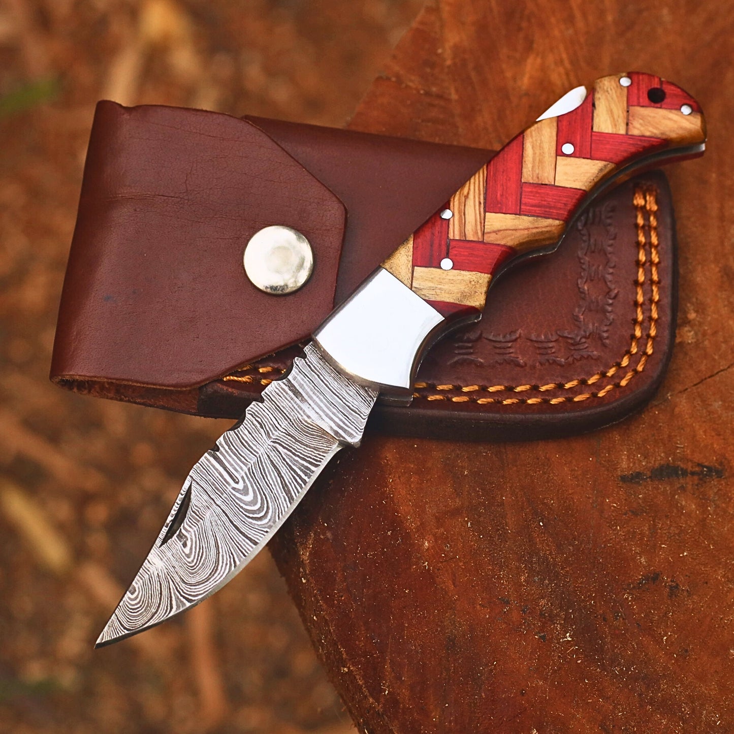 Handmade Damascus Steel Folding Hunting Knife | 3" Blade Olivewood & Pakkawood Pocket Knife with Leather Cover
