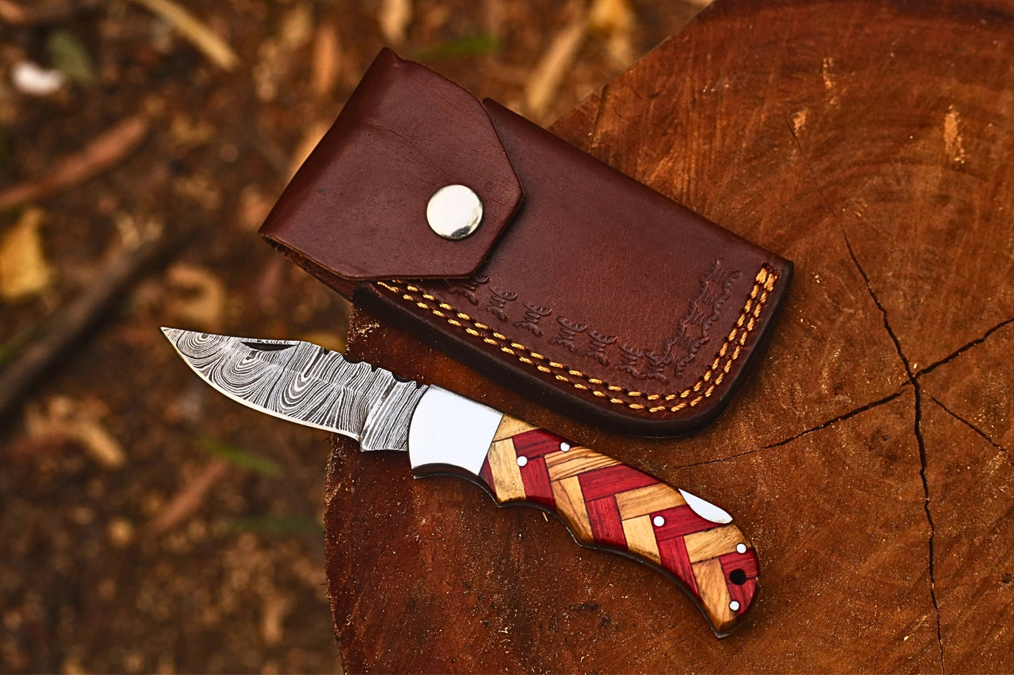 Premium Damascus Steel Folding Hunting Knife With Leather Cover– Rosewood & Pakkawood Handle