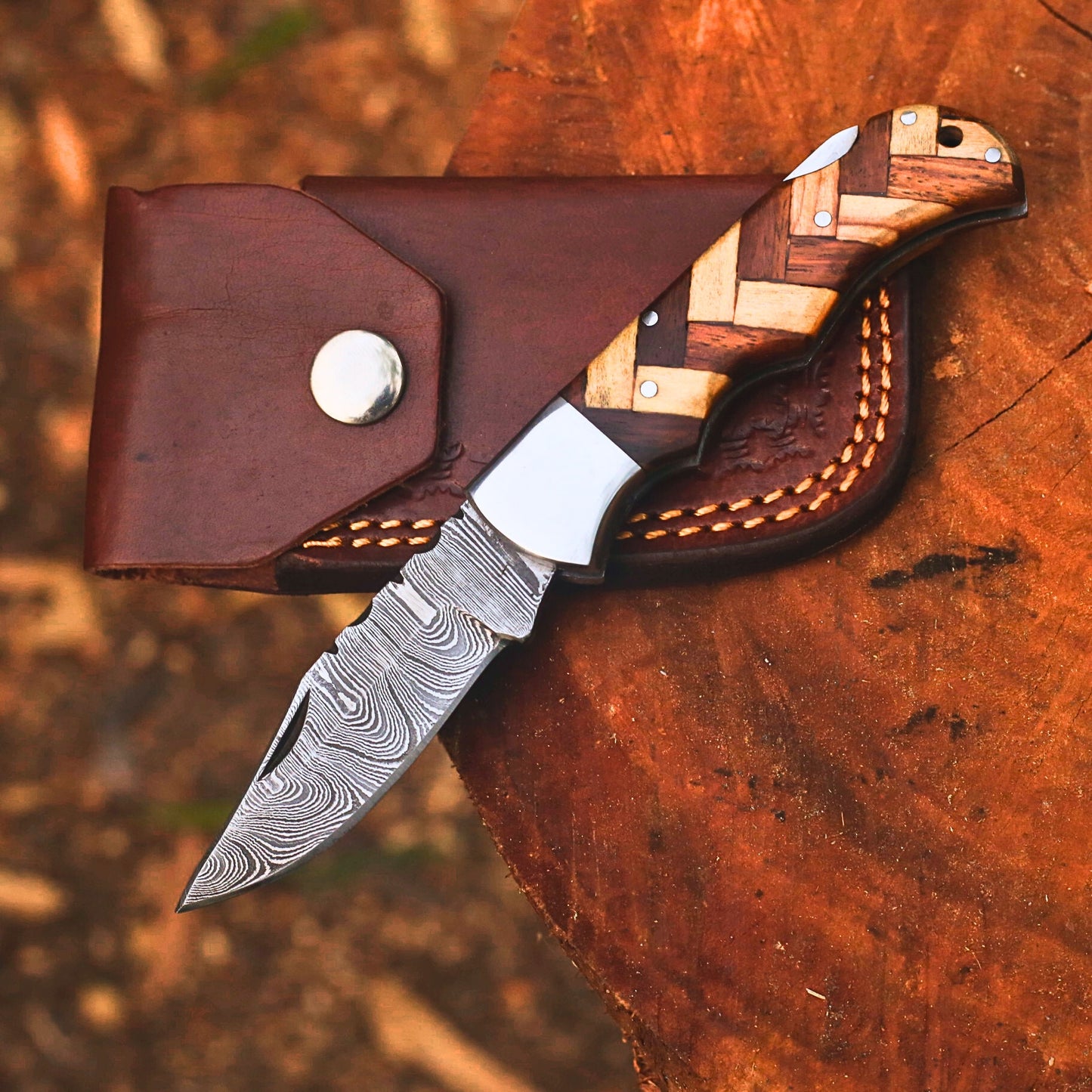 Handmade Damascus Steel Folding Hunting Knife | 3" Blade Olivewood & Pakkawood Pocket Knife with Leather Cover