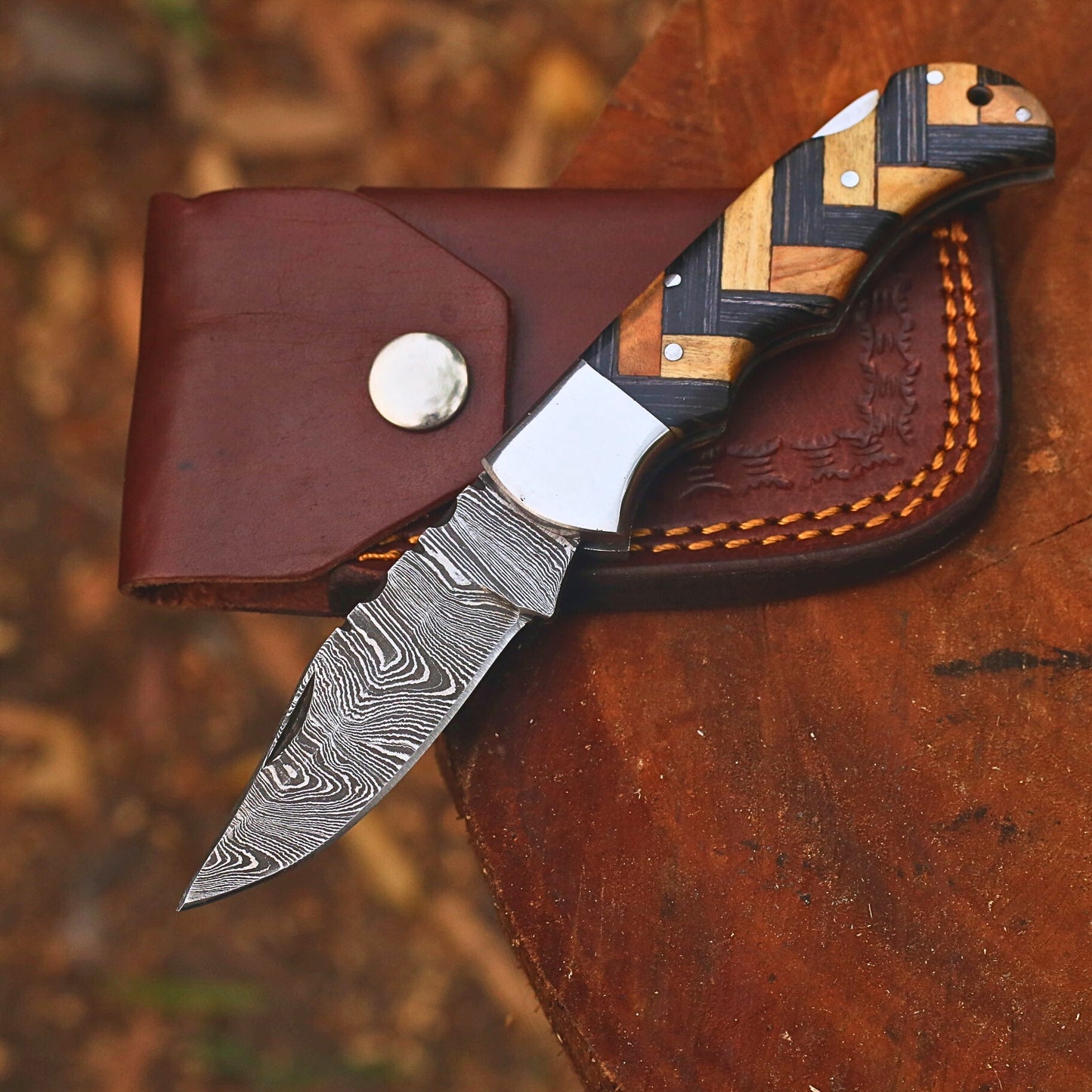 Handmade Damascus Steel Folding Hunting Knife | 3" Blade Olivewood & Pakkawood Pocket Knife with Leather Cover