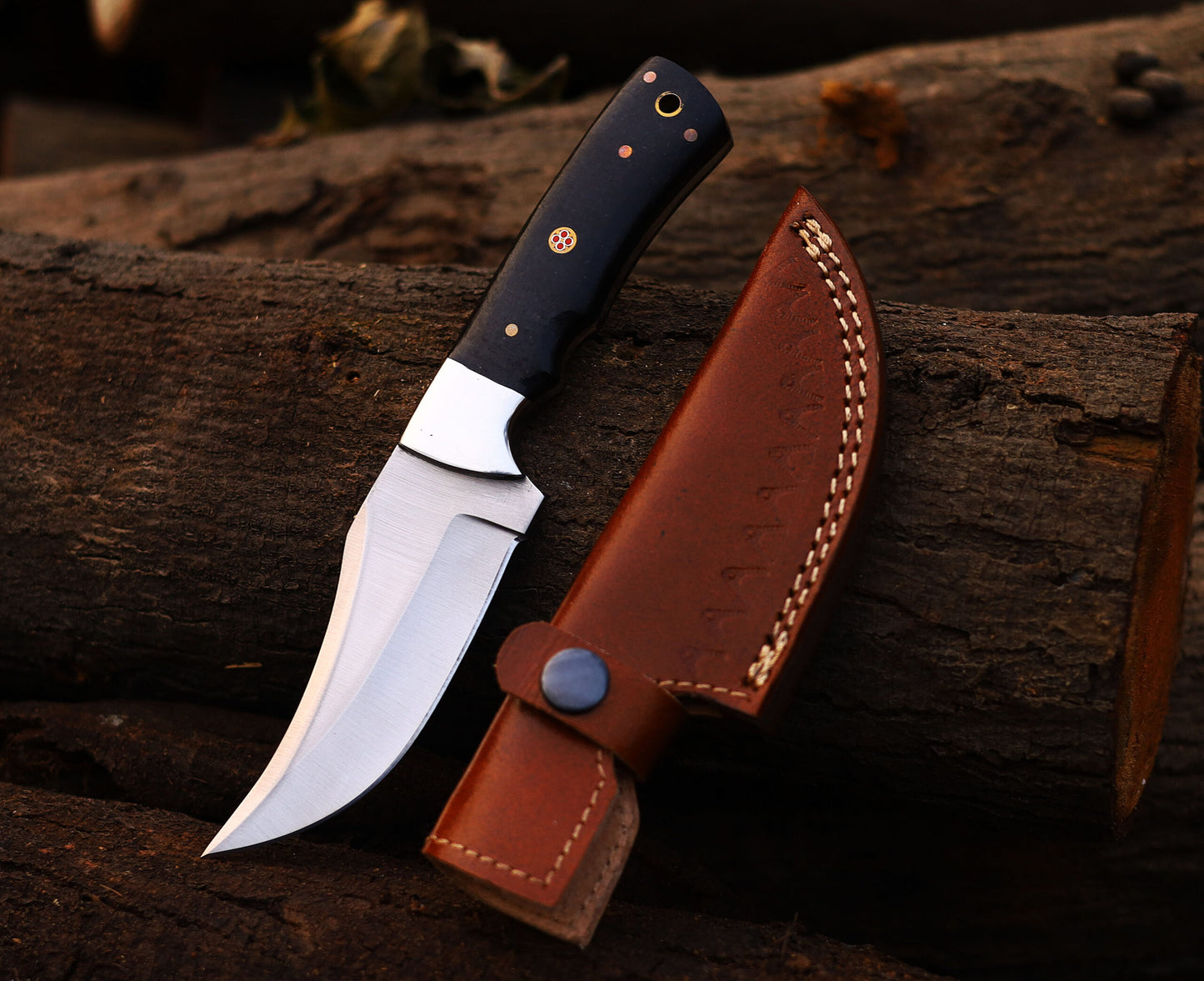 Custom Hand-Forged 8" High Carbon Steel Micarta Hunting Knife with Leather Cover