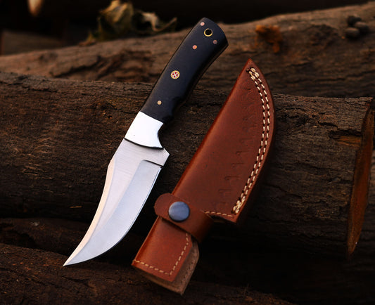 Custom Hand-Forged 8" High Carbon Steel Micarta Hunting Knife with Leather Cover