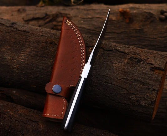 Custom Hand-Forged 8" High Carbon Steel Micarta Hunting Knife with Leather Cover