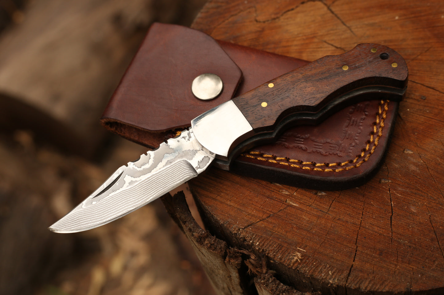 Handmade Damascus Stainless Steel Folding Knife | 3" Blade Pocket Knife with Rosewood & Pakkawood Handle