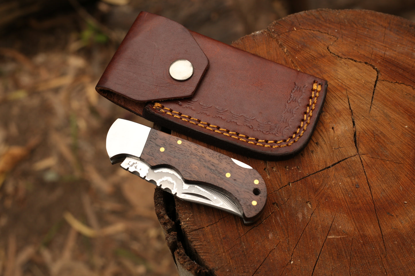 Handmade Damascus Stainless Steel Folding Knife | 3" Blade Pocket Knife with Rosewood & Pakkawood Handle