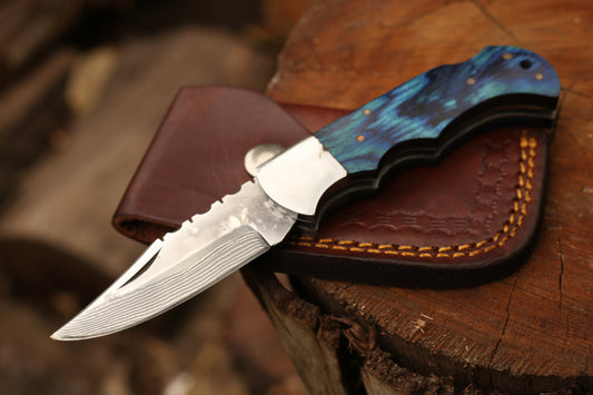 Handmade Damascus Stainless Steel Folding Knife | 3" Blade Pocket Knife with Rosewood & Pakkawood Handle