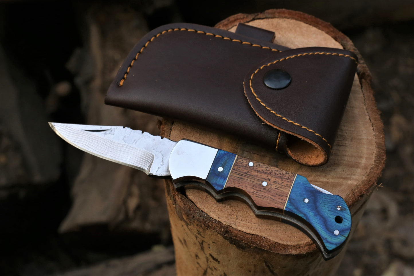 Handmade 6.5" Damascus Stainless Steel Hunting Folding Knife | 3" Blade, Rosewood & Pakkawood Handle with Silver Bolster | Premium Leather Sheath Included