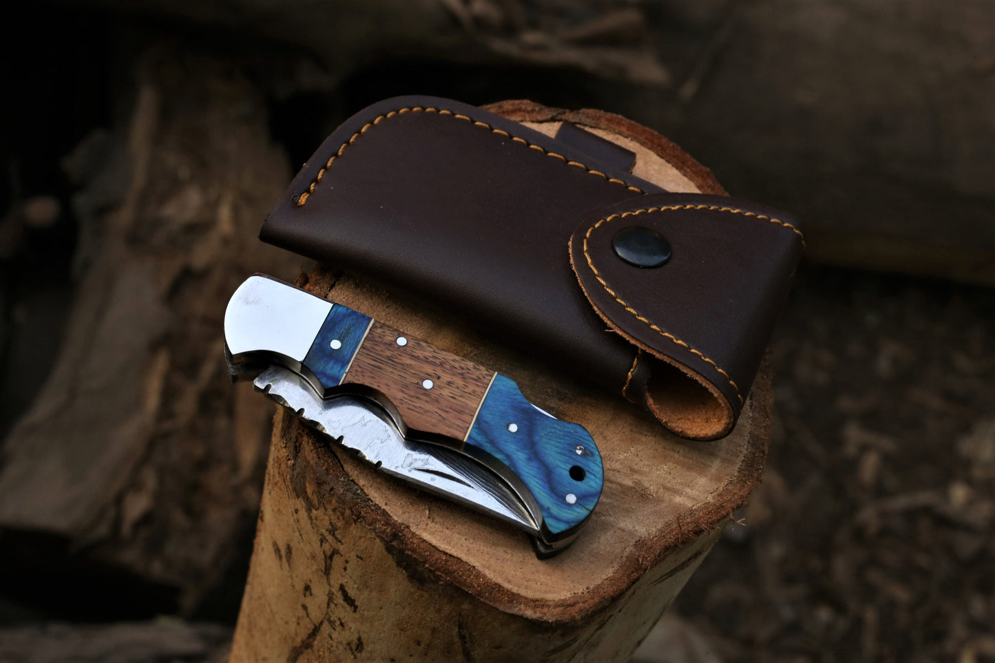 Handmade 6.5" Damascus Stainless Steel Hunting Folding Knife | 3" Blade, Rosewood & Pakkawood Handle with Silver Bolster | Premium Leather Sheath Included