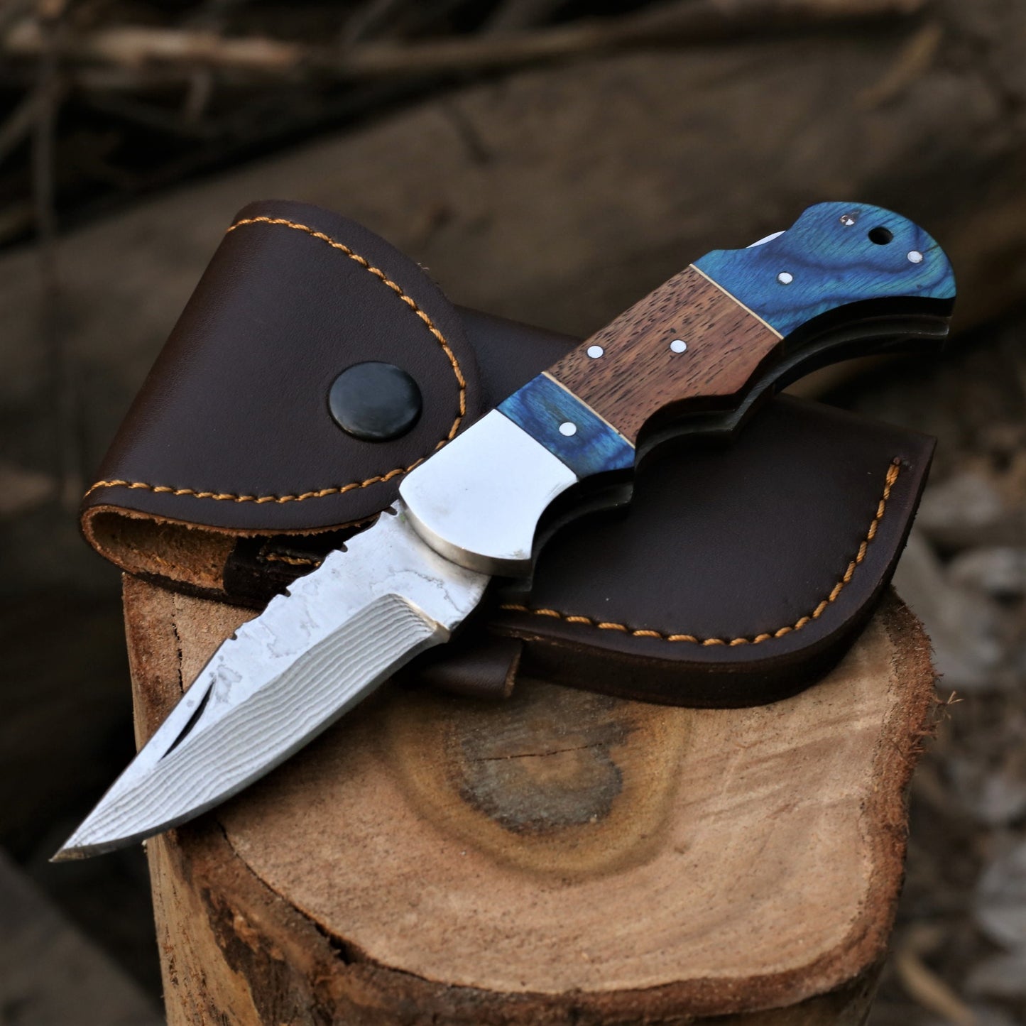 Handmade 6.5" Damascus Stainless Steel Hunting Folding Knife | 3" Blade, Rosewood & Pakkawood Handle with Silver Bolster | Premium Leather Sheath Included