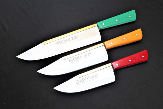 Usman Slaughter Knife Set – 3-Piece Stainless Steel Blades with Acrylic Handles (9”, 7.5”, 6”)
