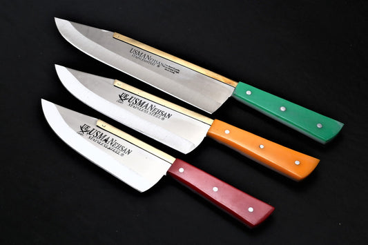 Usman Slaughter Knife Set – 3-Piece Stainless Steel Blades with Acrylic Handles (9”, 7.5”, 6”)