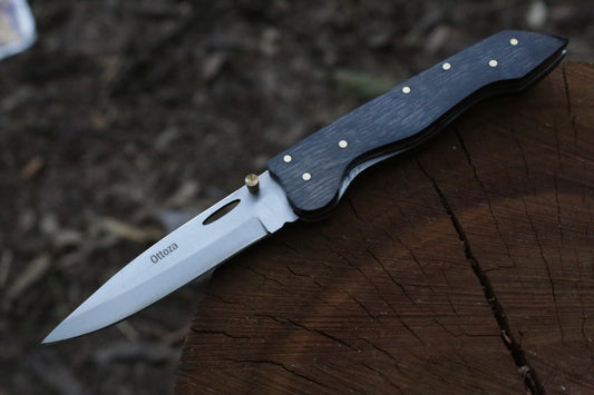 Ottoza Premium Stainless Steel Folding Knife – Dark Pakkawood Handle with Brass Pins & Leather Sheath
