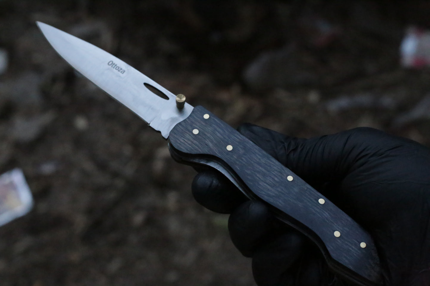 Ottoza Premium Stainless Steel Folding Knife – Dark Pakkawood Handle with Brass Pins & Leather Sheath