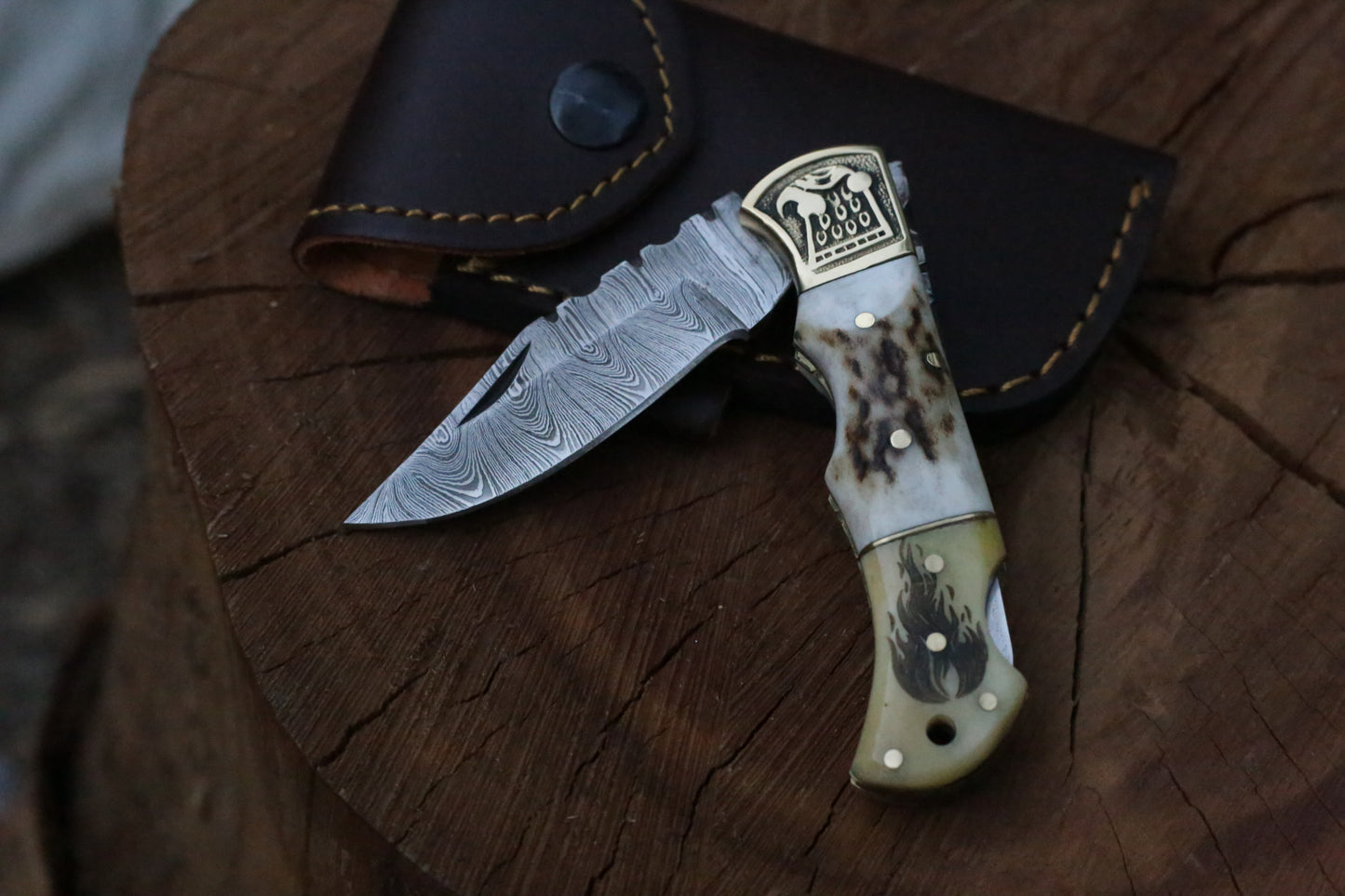 Hand-Forged Damascus Steel Folding Knife | Damascus Blade, Stag Horn & Bone Engraved Handle with Brass Bolsters