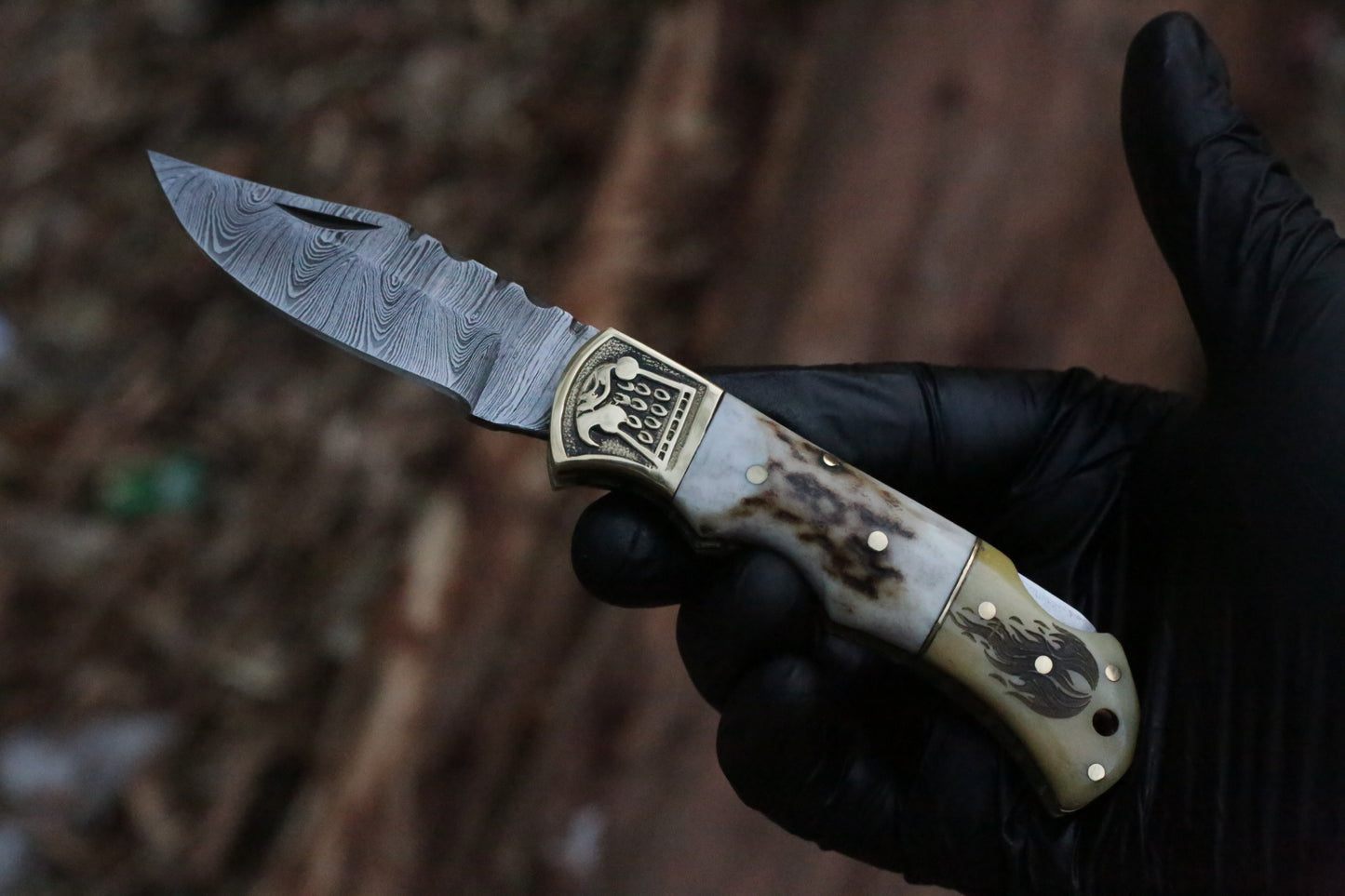 Hand-Forged Damascus Steel Folding Knife | Damascus Blade, Stag Horn & Bone Engraved Handle with Brass Bolsters