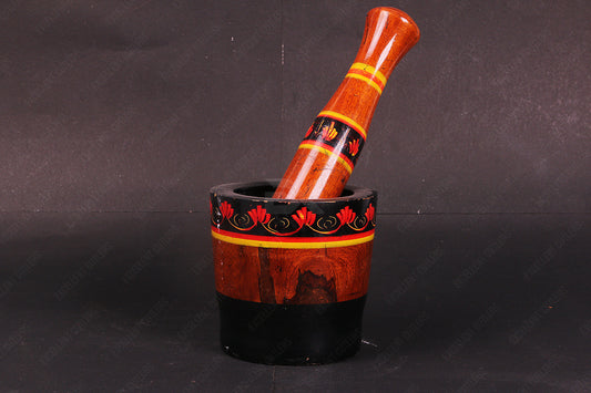 Standard Size  Wooden Pestle and Mortar With Beautiful Traditional Printing
