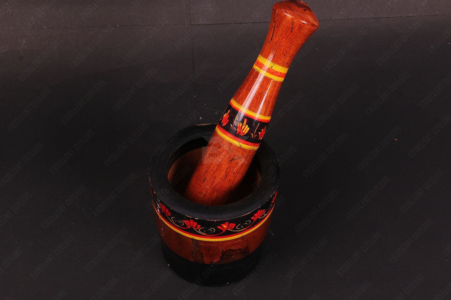 Standard Size  Wooden Pestle and Mortar With Beautiful Traditional Printing