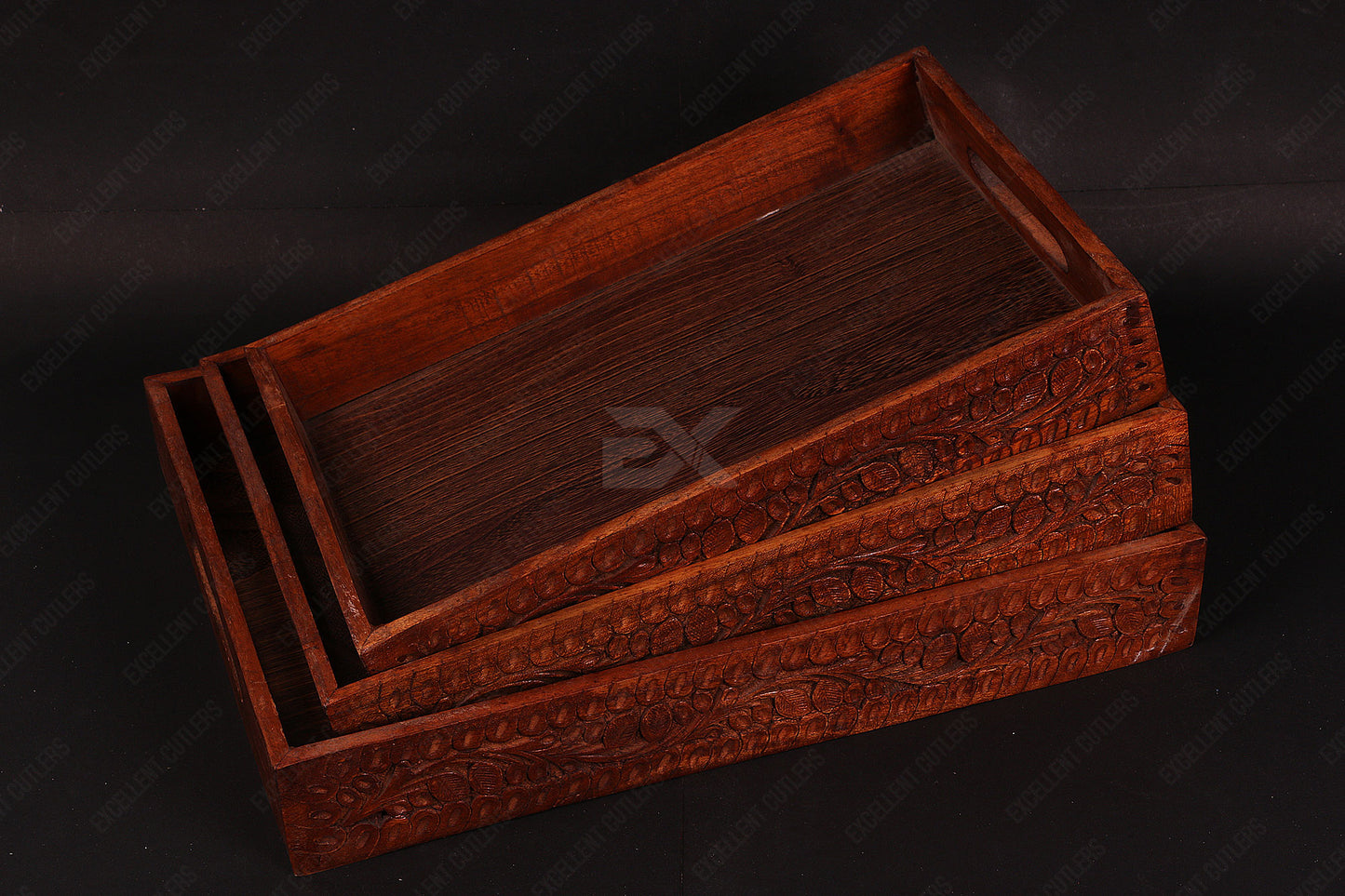 Wooden 3Pcs Tray Set With Beautiful Traditional Engraving