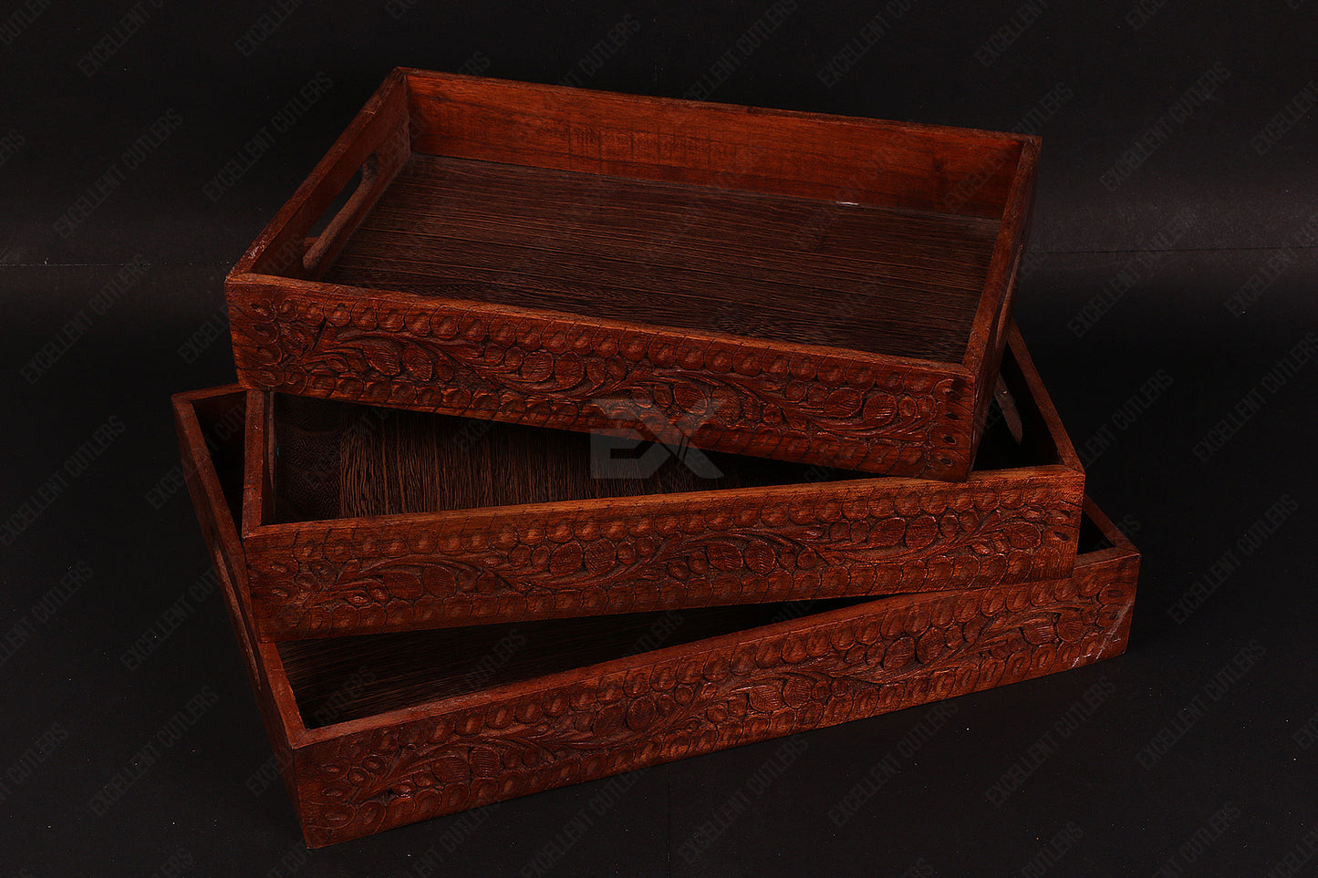 Wooden 3Pcs Tray Set With Beautiful Traditional Engraving