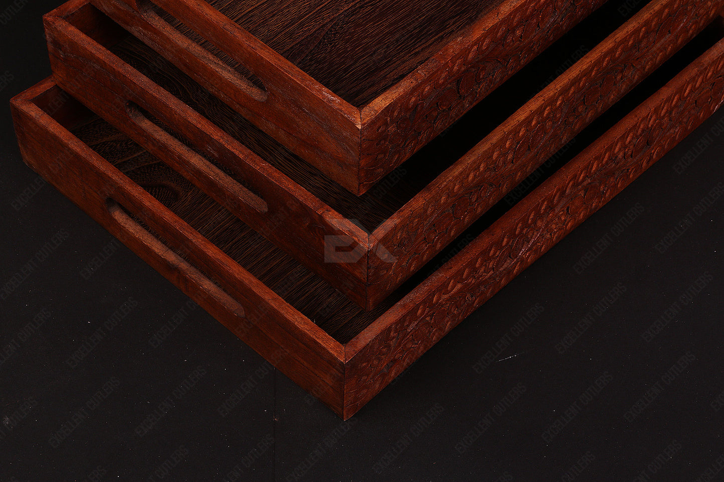 Wooden 3Pcs Tray Set With Beautiful Traditional Engraving