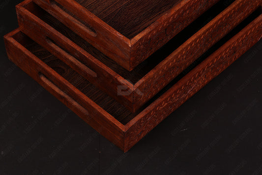 Wooden 3Pcs Tray Set With Beautiful Traditional Engraving