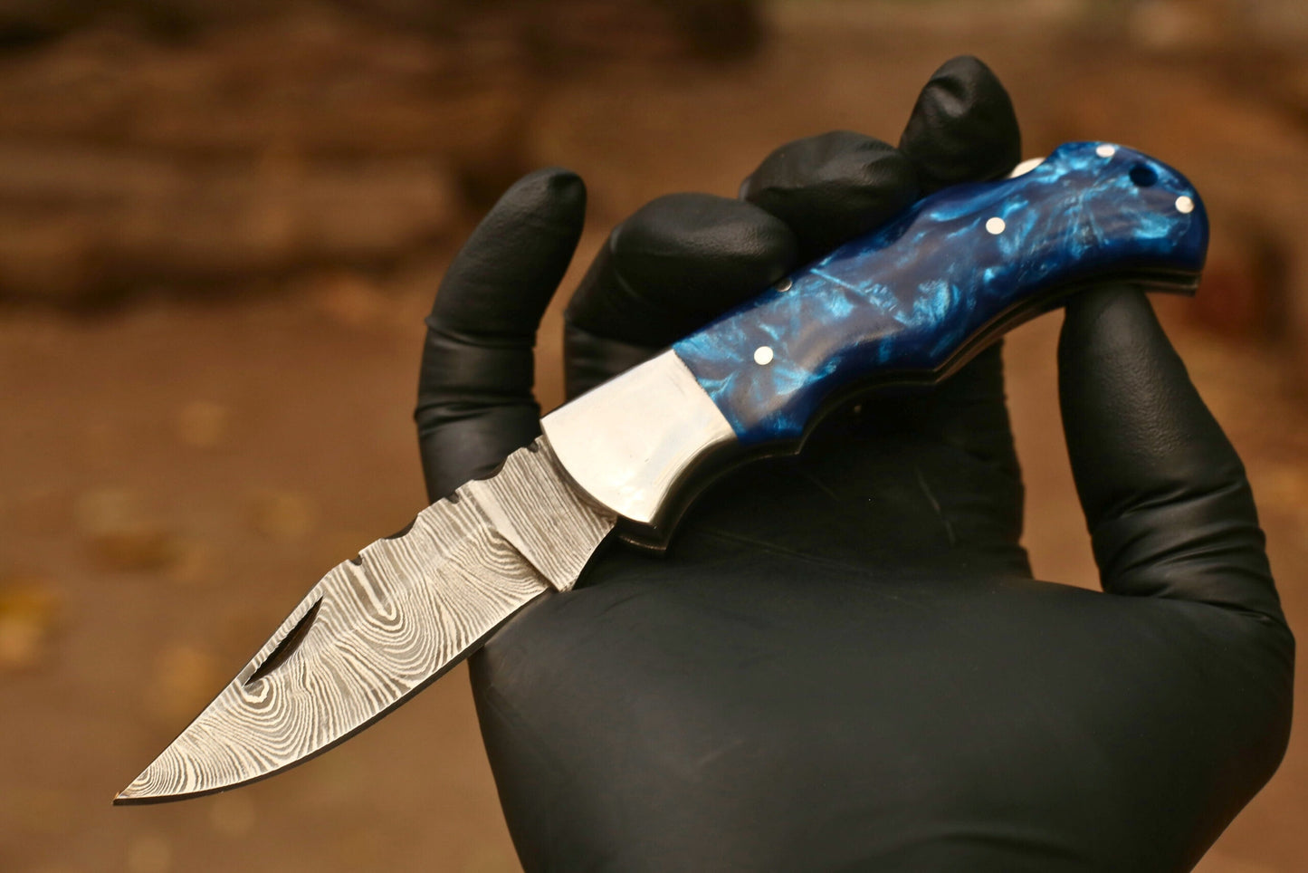 Hunting Folding Knife with Leather Cover (Damascus Steel Blade / Resin Handle )