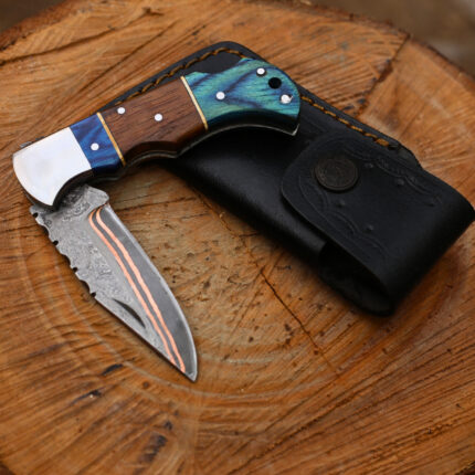 Handmade Copper Damascus Pocket Knife With Leather Cover